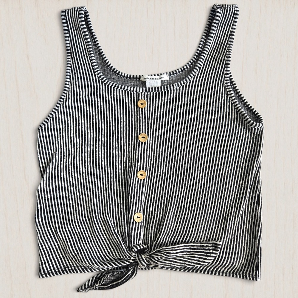 Caution To The Wind Womens Black White Striped Button Front Tie Crop Tank Top